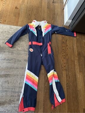 Tipsy Elves Navy Ski One-Piece with Rainbow Chevron Stripes